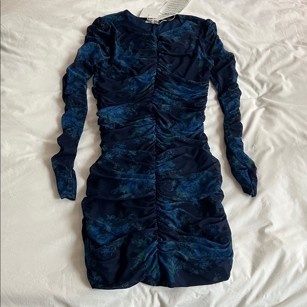 GANNI Sky Captain Blue Floral Long Sleeve Ruched Stretch Mesh Dress NWT EU38 USM - Picture 2 of 4